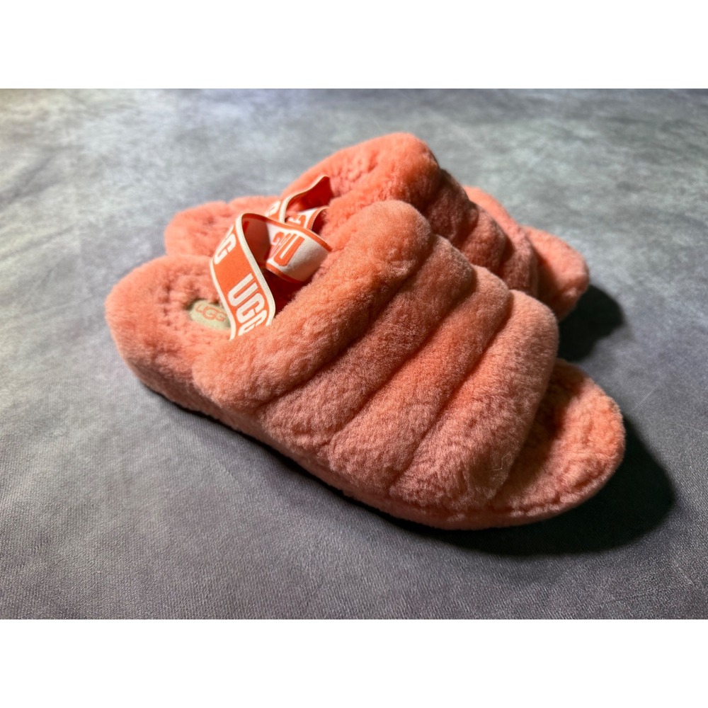 UGG Fluff Yeah Slide Coral Pink Sheepskin Slingback Sandals 1095119K